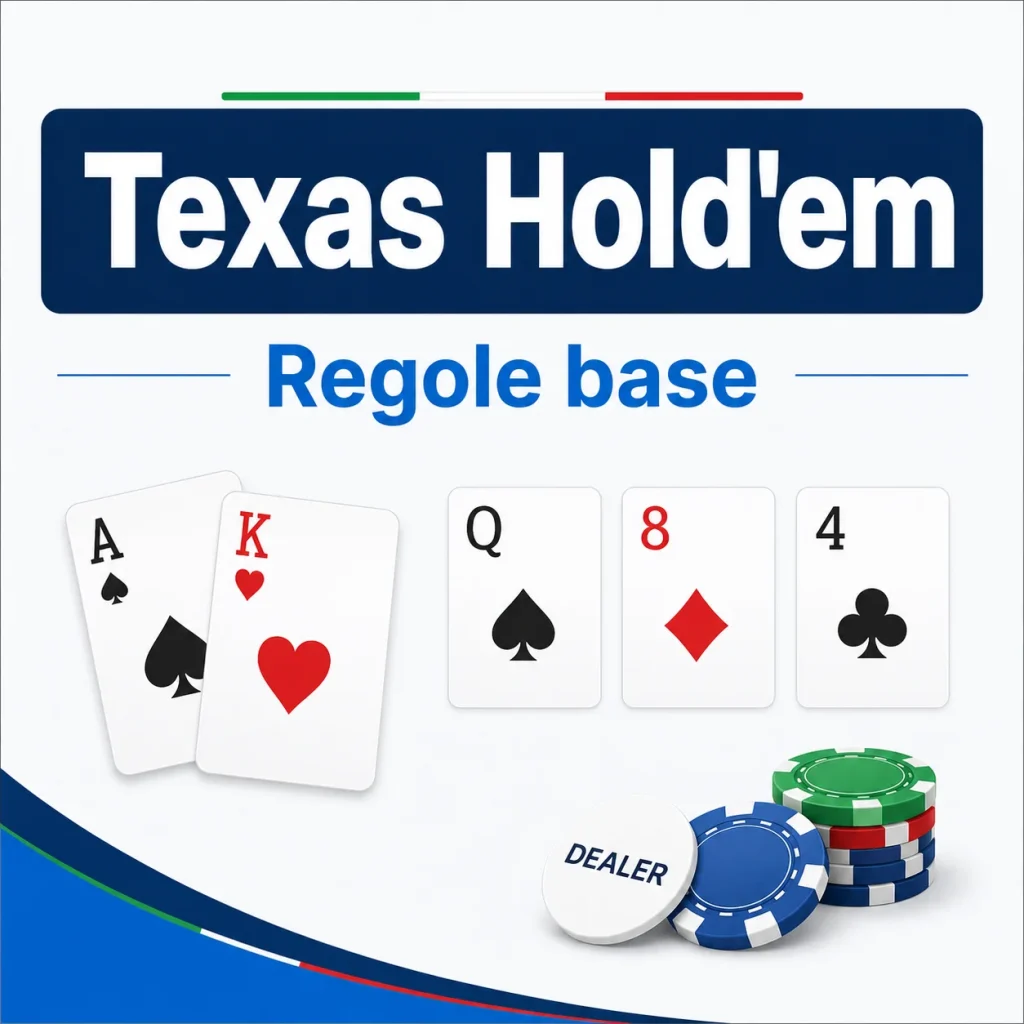Immagine guida Texas Hold’em regole base con carte da poker, chip e dealer button